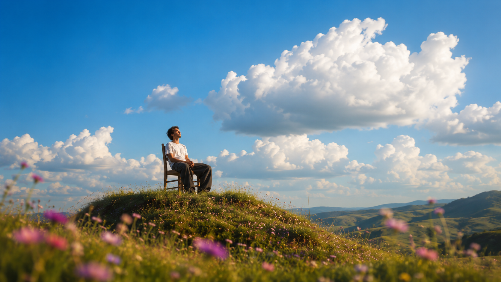 A person resting calmly on a hillside under a blue sky